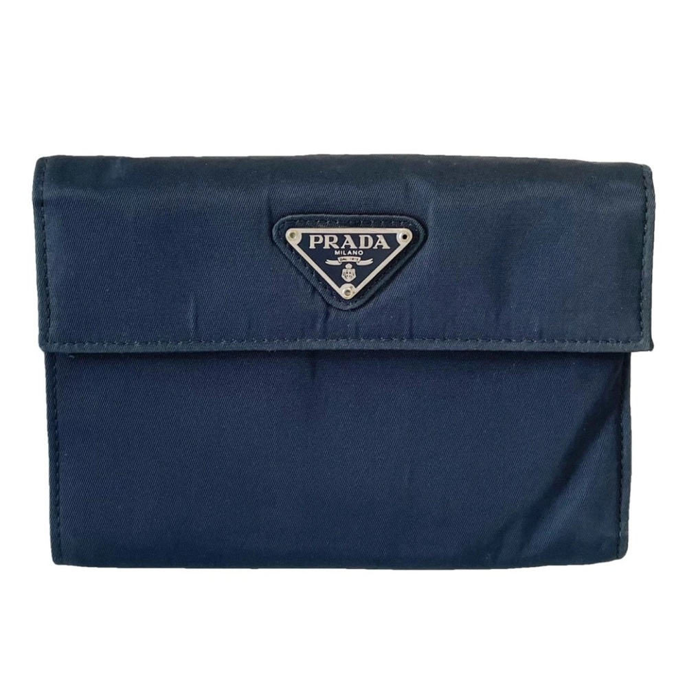 Prada navy blue Tessuto nylon triangle logo trifold medium snap wallet